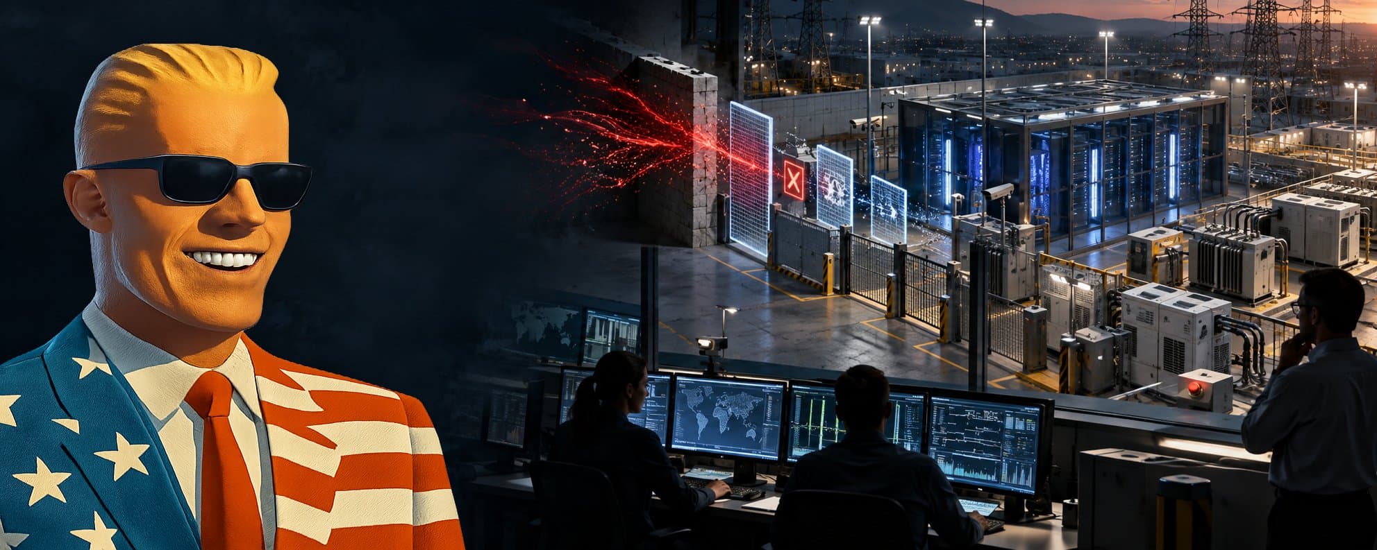 Cover art: the author's cartoon avatar in a stars-and-stripes suit beside operators in a control room watching over a substation and data-center site, where a red intrusion is stopped at a barrier