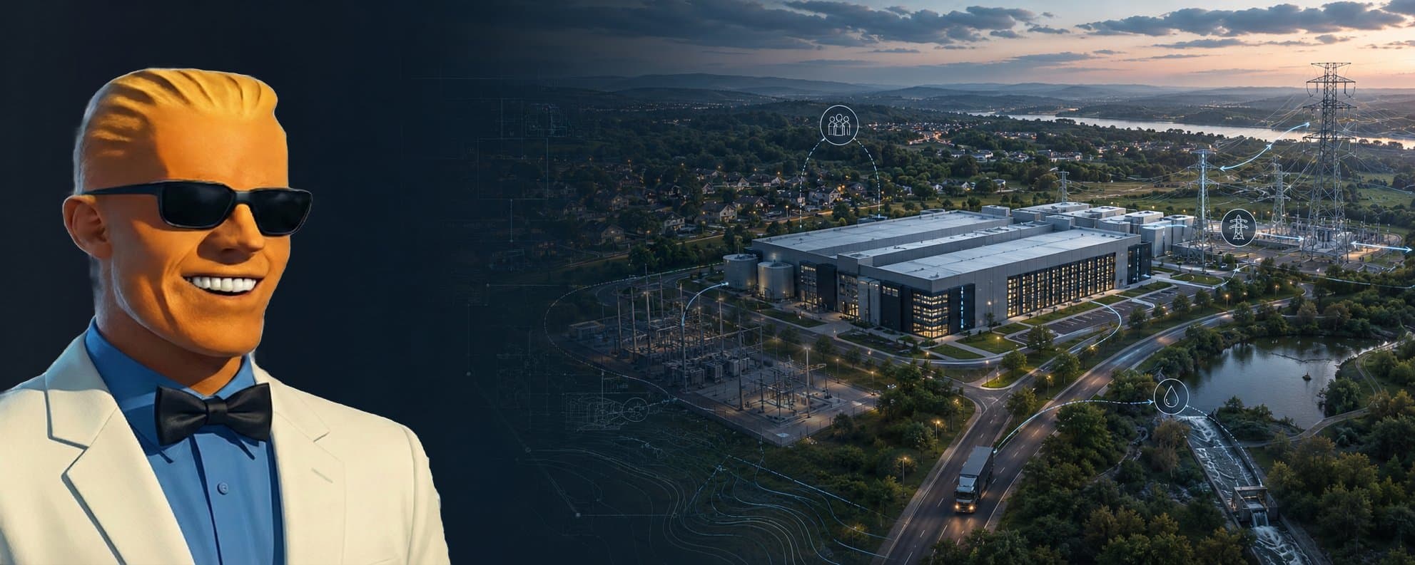 Cover art: the author's cartoon avatar beside an aerial view of a data-center campus at dusk, with its substation, roads, river and town