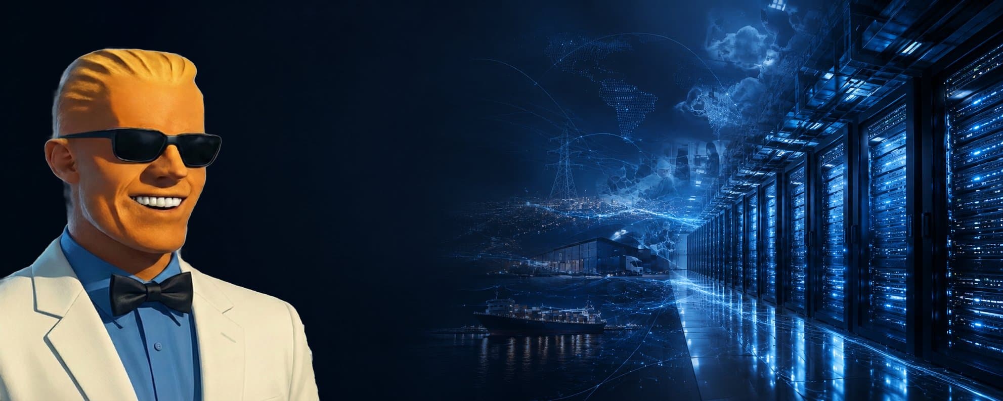 Cover art: the author's cartoon avatar beside a long aisle of blue-lit server racks fading into a night harbor and city