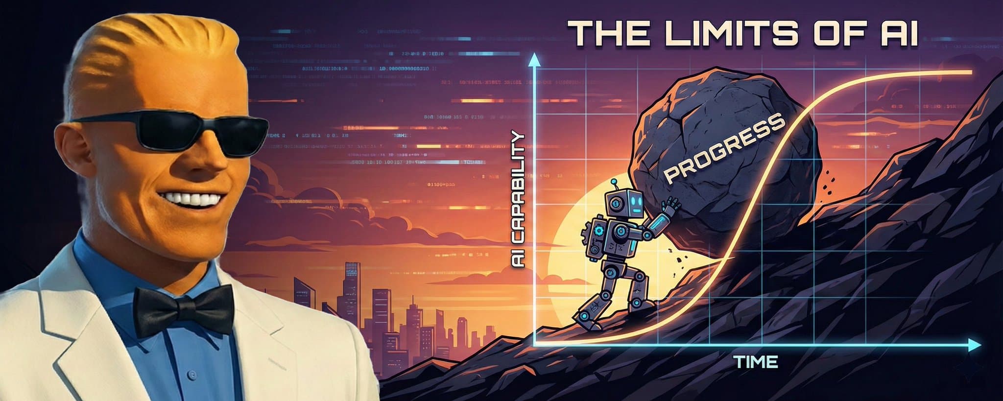 Cover art: the author's cartoon avatar beside a robot pushing a boulder labelled Progress up an S-shaped curve, under the title The Limits of AI