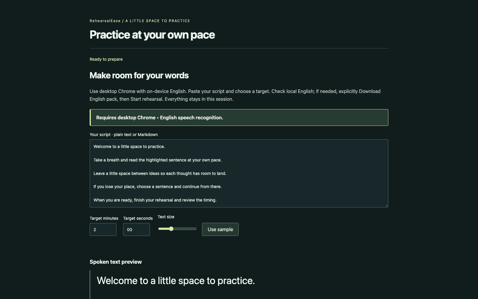 The RehearsalEase setup screen: a script box with a sample script, target minutes and seconds, and a text size slider