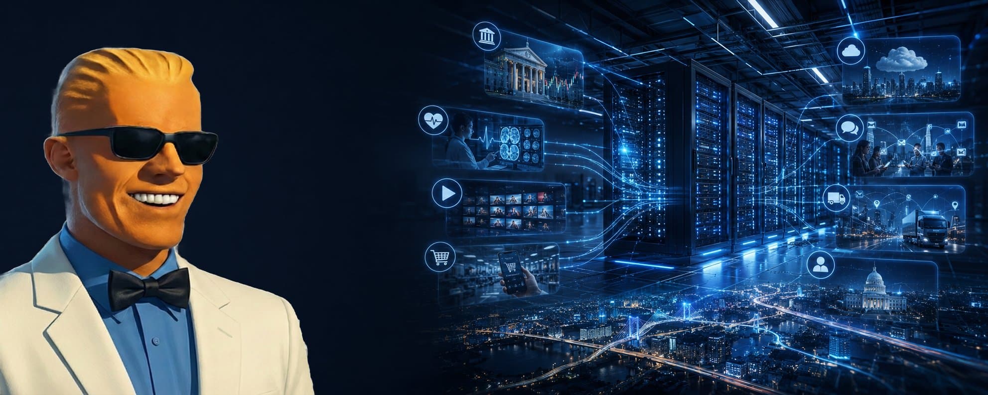 Cover art: the author's cartoon avatar beside rows of glowing server racks linked to everyday services such as banking, health, streaming and shopping
