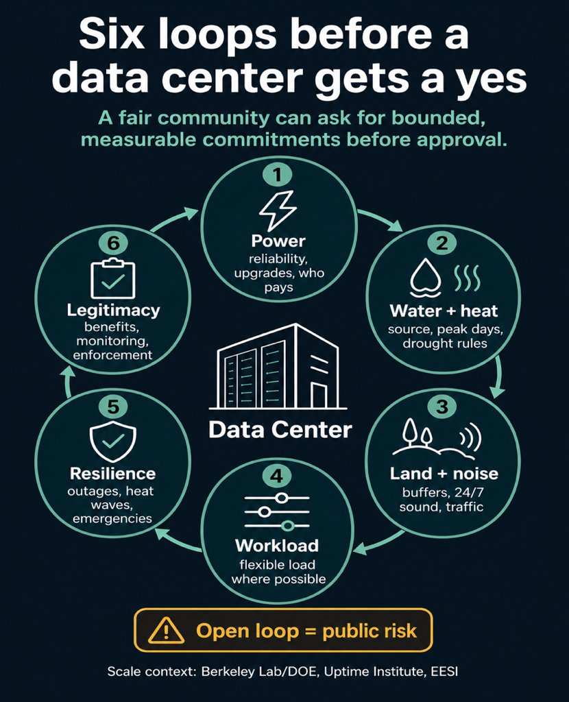 Diagram, Six loops before a data center gets a yes: a cycle around the data center of 1 Power (reliability, upgrades, who pays), 2 Water and heat, 3 Land and noise, 4 Workload (flexible load where possible), 5 Resilience and 6 Legitimacy (benefits, monitoring, enforcement). Caption: open loop equals public risk.