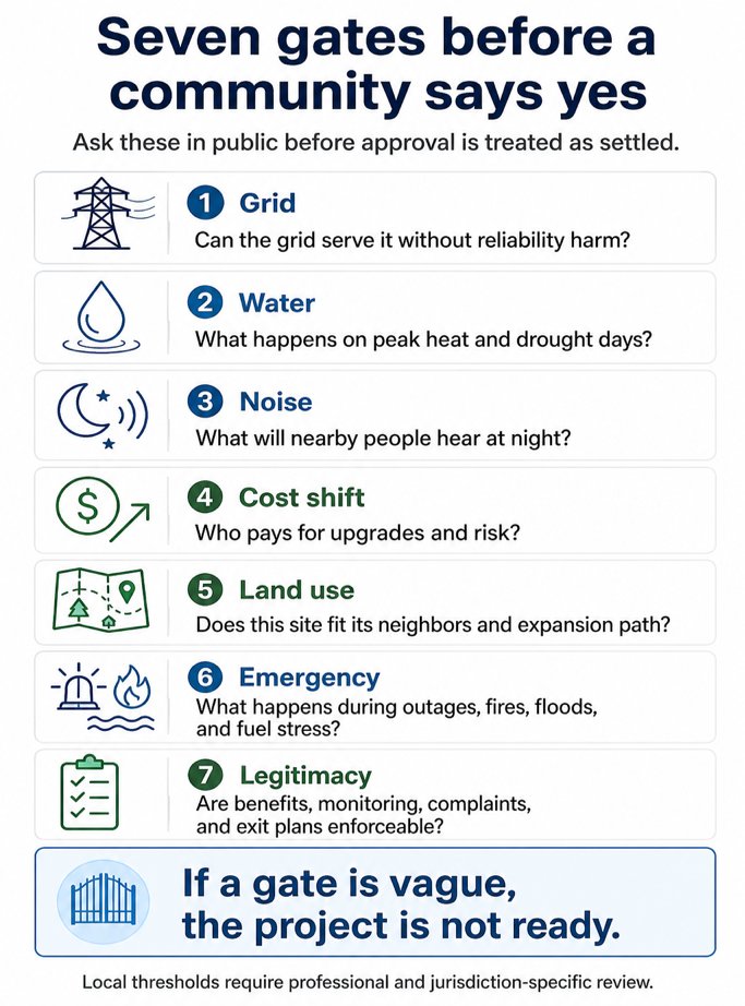 Checklist, Seven gates before a community says yes: Grid, Water, Noise, Cost shift, Land use, Emergency and Legitimacy, each with its question. Footer: if a gate is vague, the project is not ready.